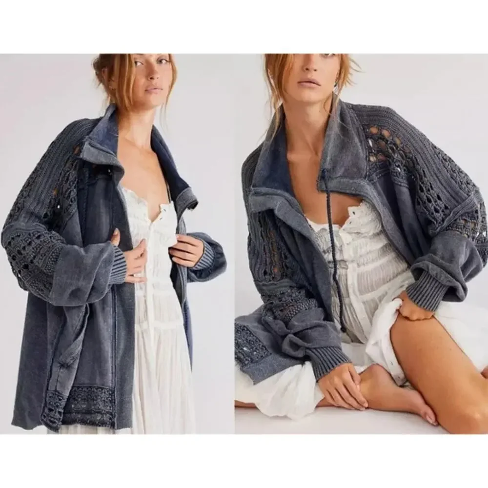 Free People Charcoal Gray Openwork Knit Zip-Front Jacket - Picture 1 of 6